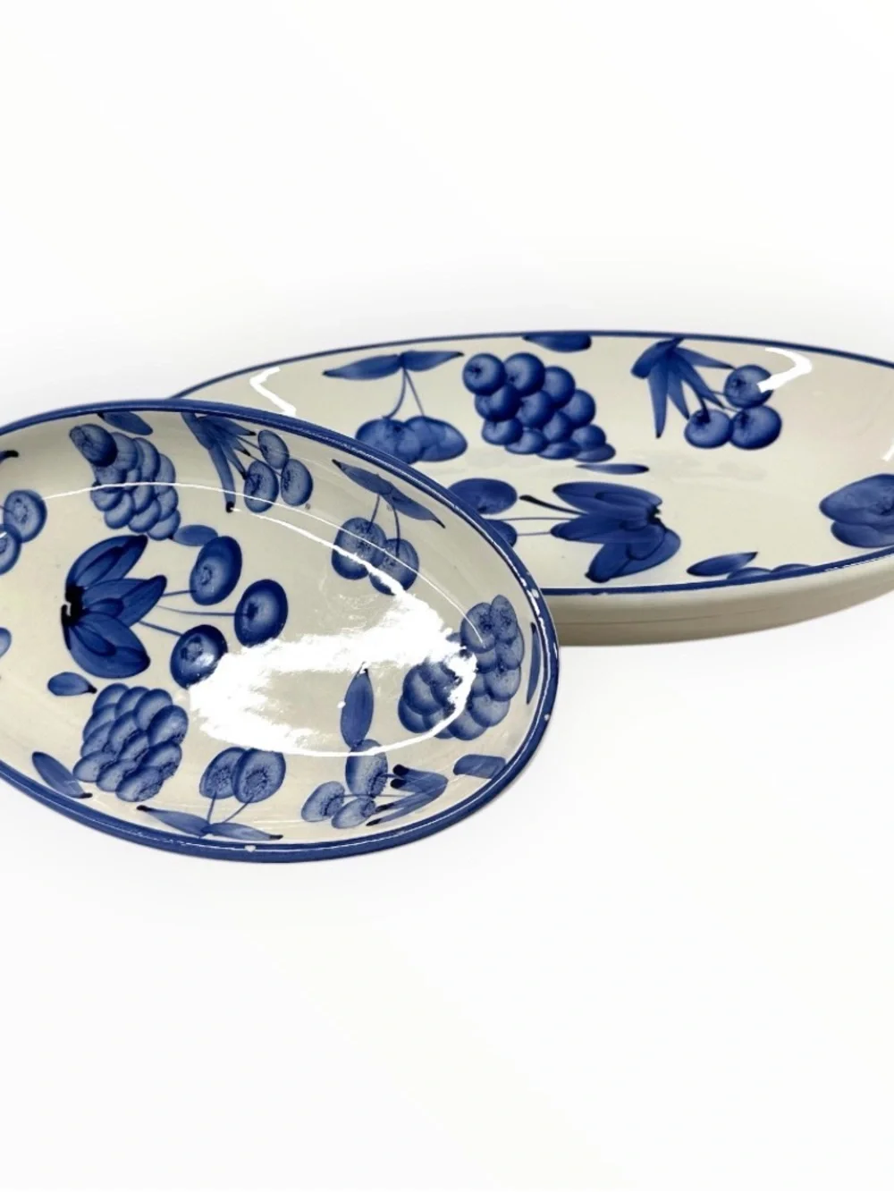 Stoviglieria Italy Blue Fruit Hand Painted Oval Serving Platters Set Of 2 Vtg